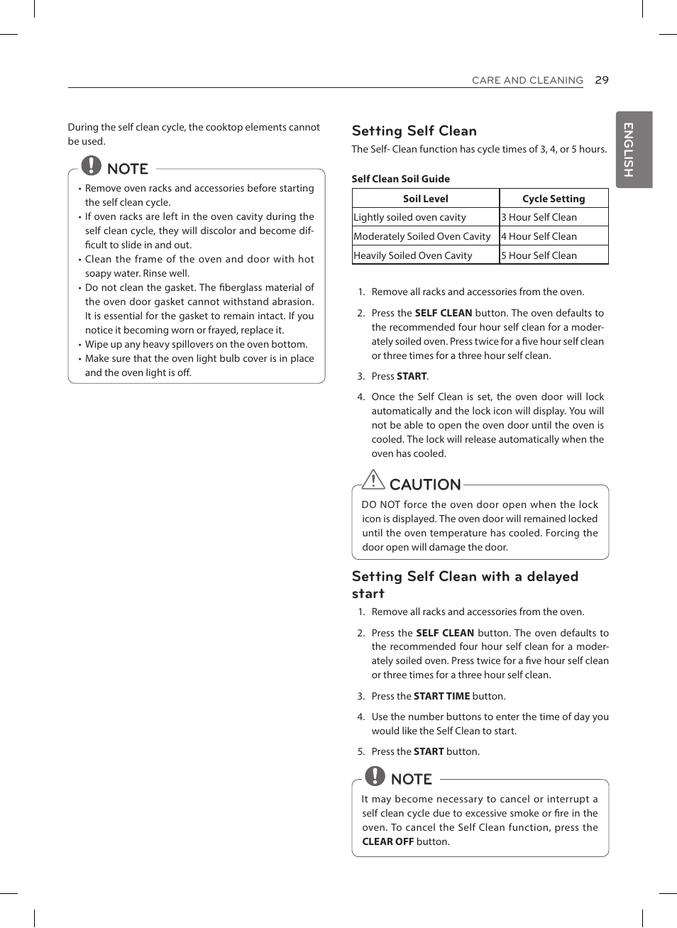 Caution, Setting self clean with a delayed start | LG LRE3023SW User Manual | Page 29 / 84