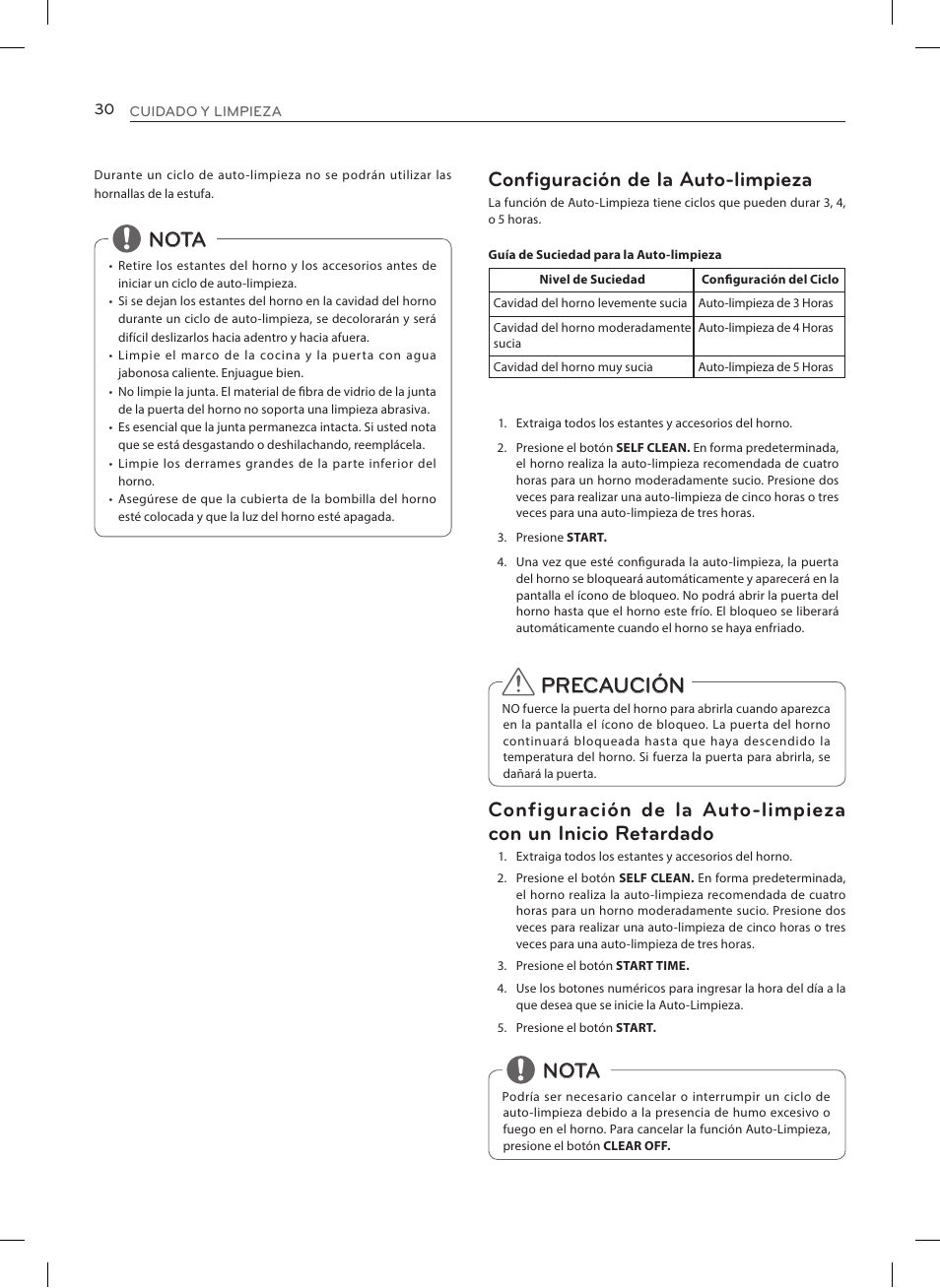 Precaución, Nota configuración de la auto-limpieza, Nota | LG LRE3023SW User Manual | Page 70 / 84