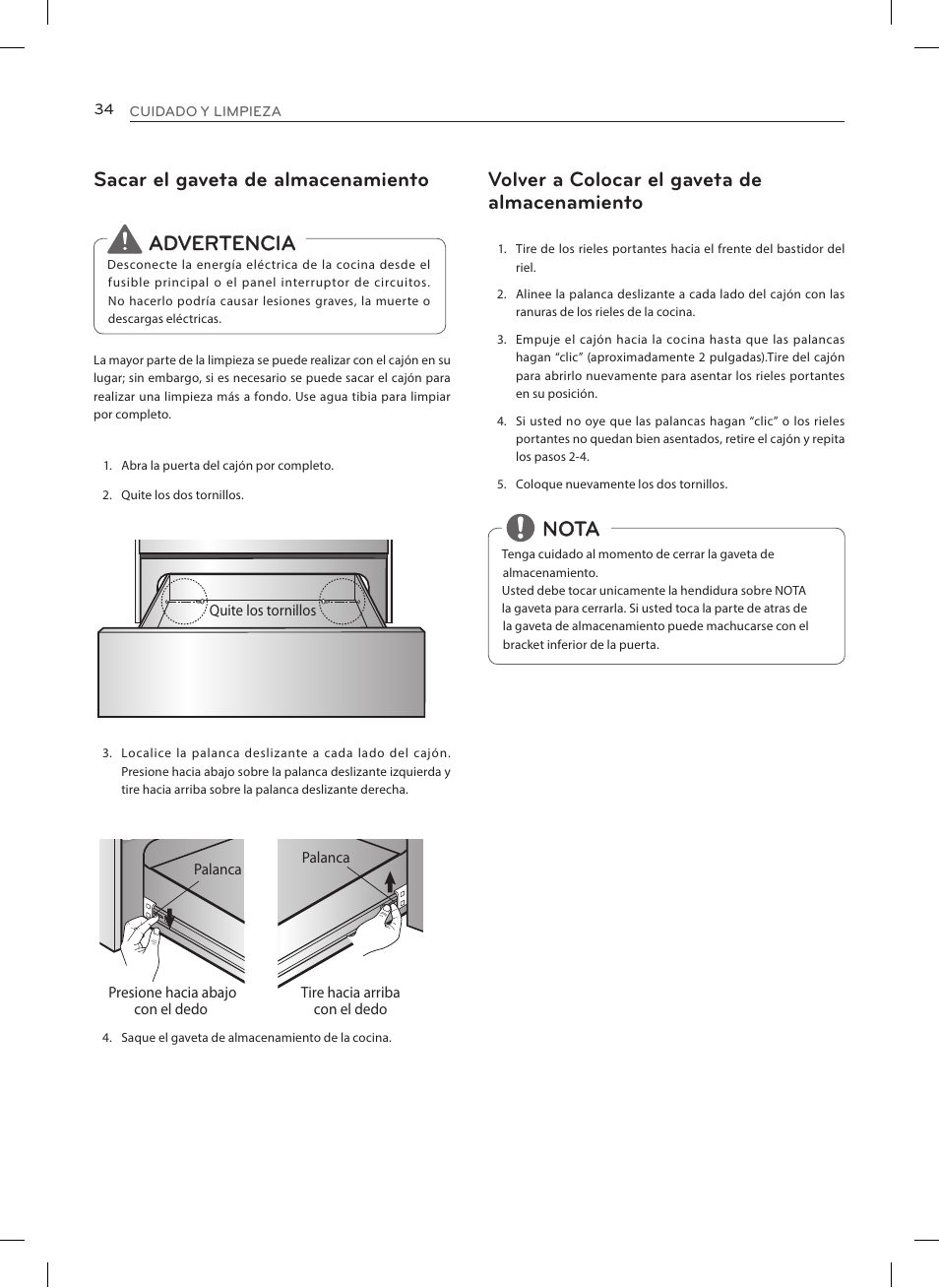Sacar el gaveta de almacenamiento, Advertencia, Volver a colocar el gaveta de almacenamiento | Nota | LG LRE3023SW User Manual | Page 74 / 84