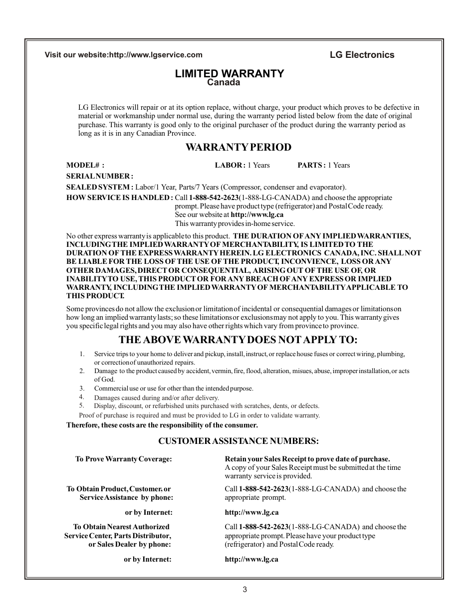 Warranty period, The above warrantydoes not apply to, Limited warranty | LG LFD22860ST User Manual | Page 3 / 35