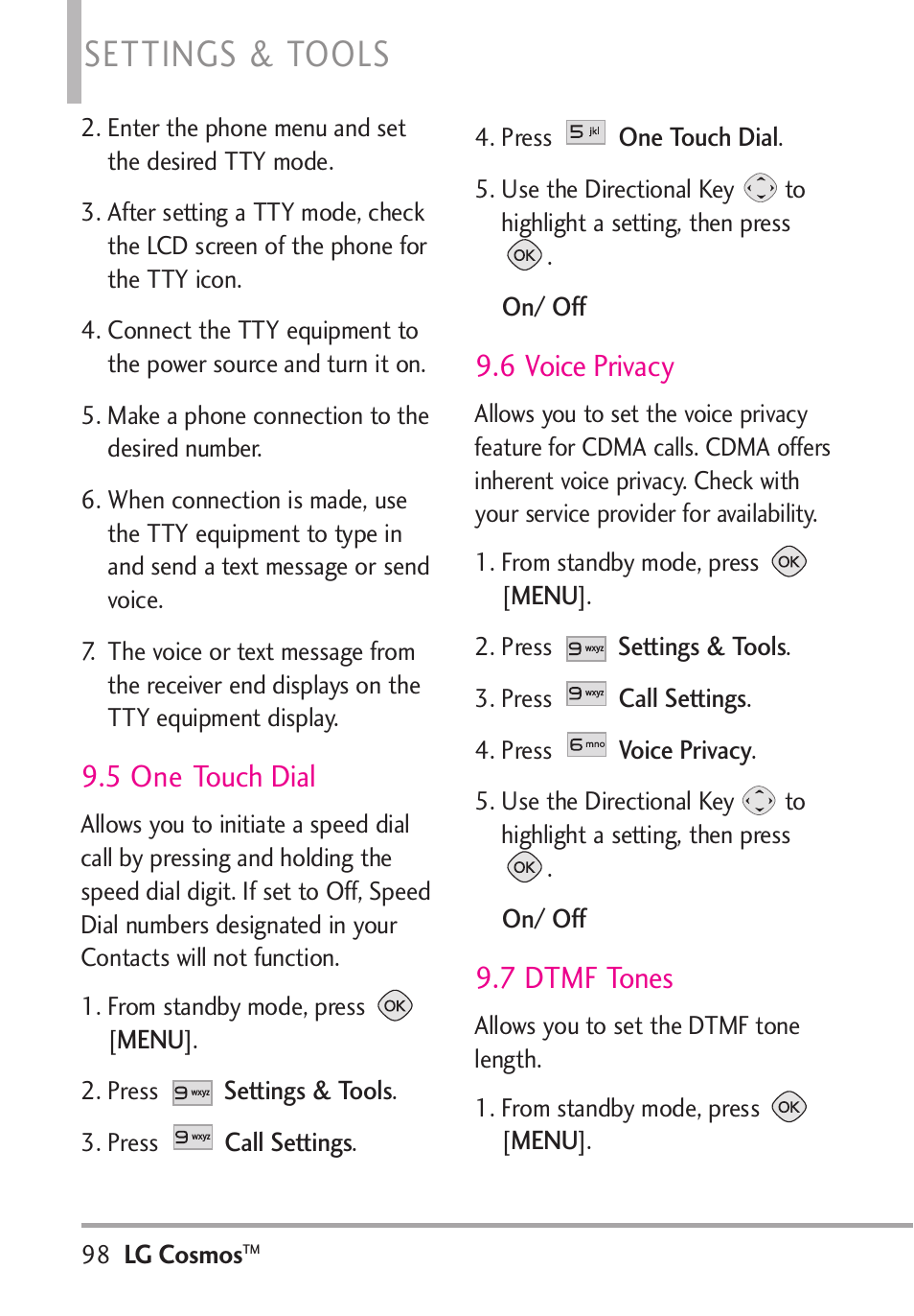 Settings & tools, 5 one touch dial, 6 voice privacy | 7 dtmf tones | LG LGVN250PP User Manual | Page 100 / 141