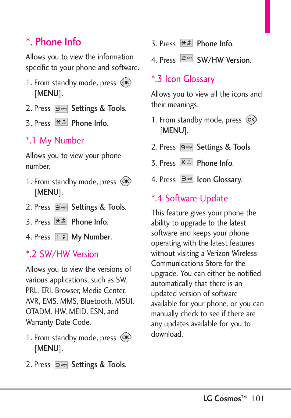 Phone info, 1 my number, 2 sw/hw version | 3 icon glossary, 4 software update | LG LGVN250PP User Manual | Page 103 / 141