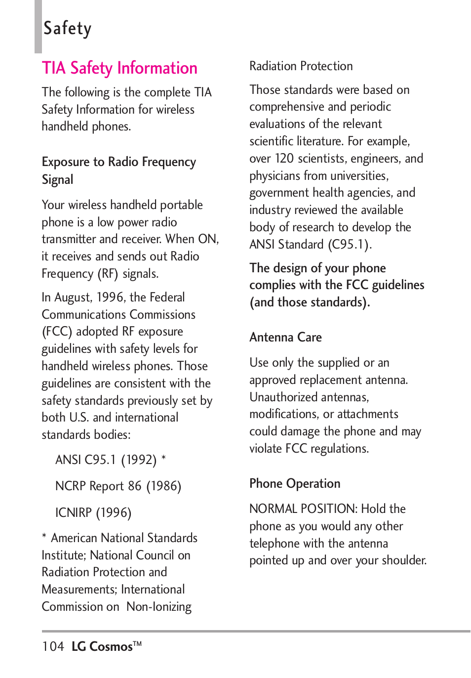 Safety, Tia safety information | LG LGVN250PP User Manual | Page 106 / 141