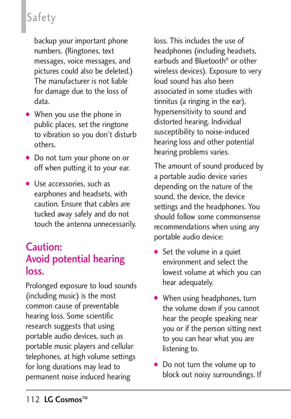 Safety, Caution: avoid potential hearing loss, Lg cosmos | LG LGVN250PP User Manual | Page 114 / 141