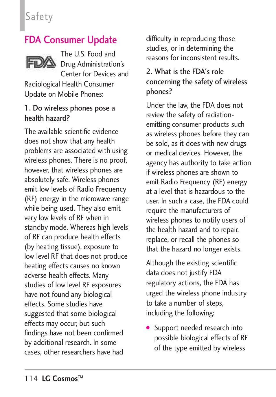 Safety, Fda consumer update | LG LGVN250PP User Manual | Page 116 / 141