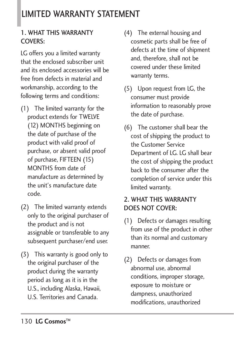 Limited warranty statement | LG LGVN250PP User Manual | Page 132 / 141