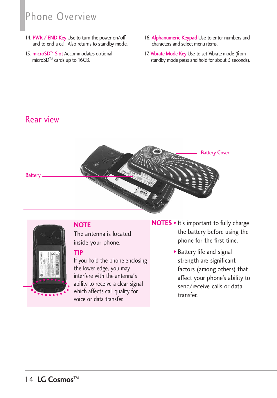 Phone overview, Rear view, Lg cosmos | LG LGVN250PP User Manual | Page 16 / 141