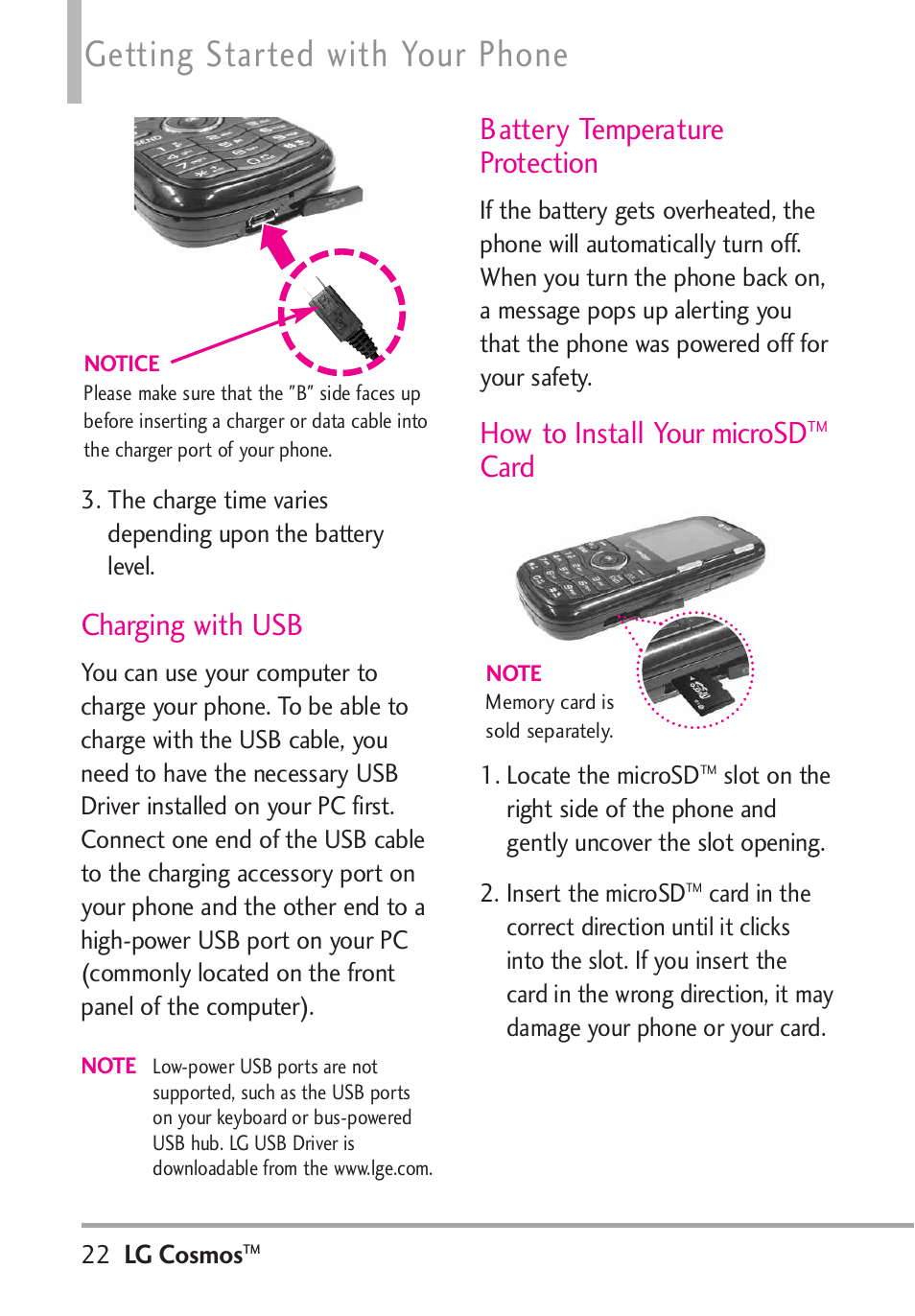 Getting started with your phone, Charging with usb, Battery temperature protection | How to install your microsd, Card | LG LGVN250PP User Manual | Page 24 / 141