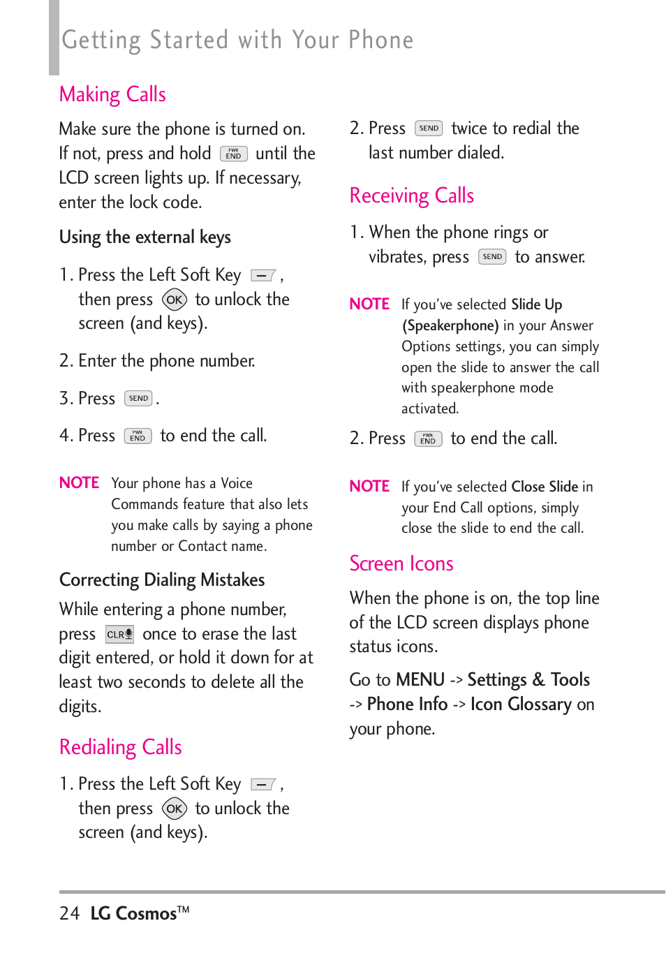 Getting started with your phone, Making calls, Redialing calls | Receiving calls, Screen icons | LG LGVN250PP User Manual | Page 26 / 141