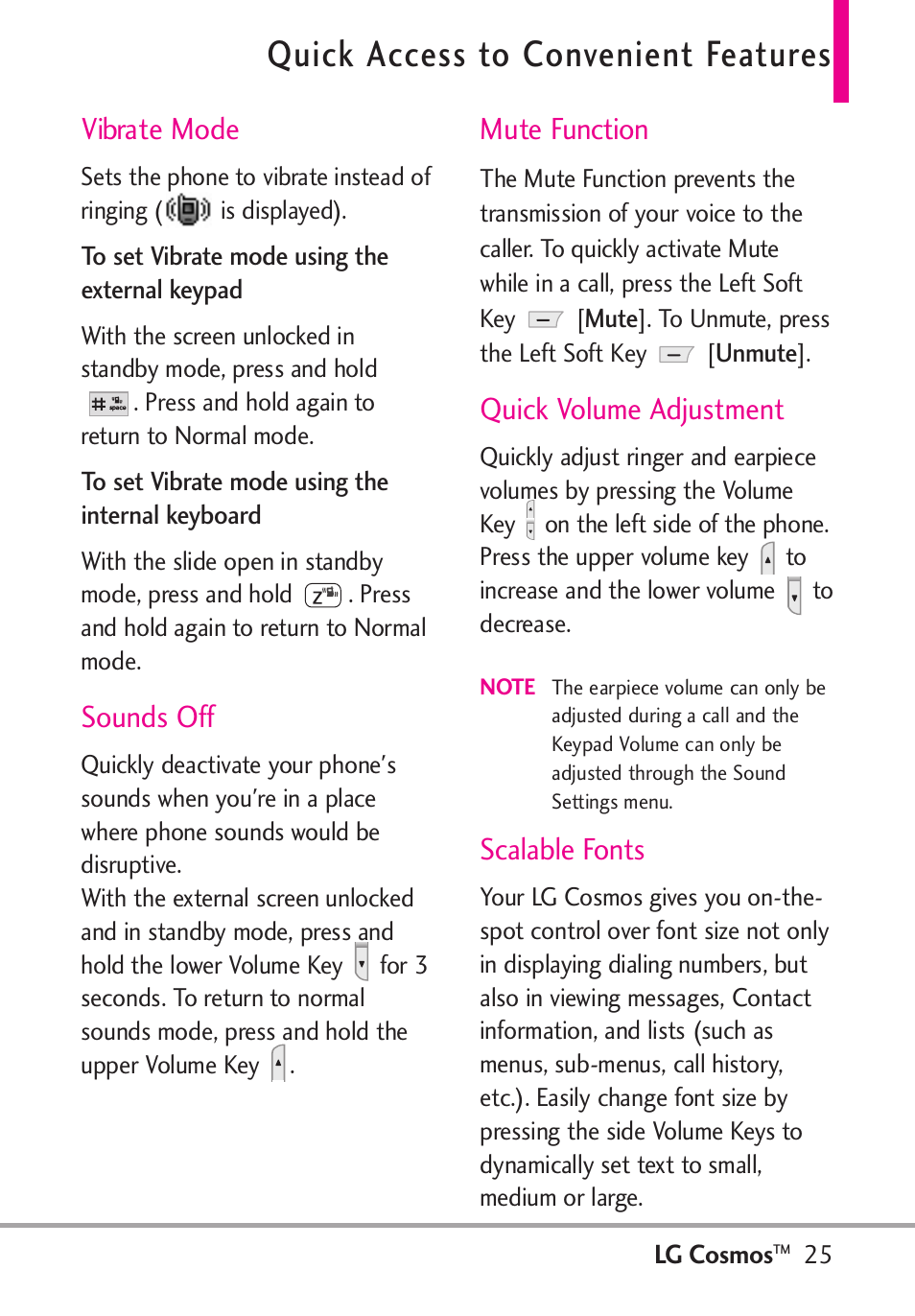 Quick access to convenient features, Vibrate mode, Sounds off | Mute function, Quick volume adjustment, Scalable fonts | LG LGVN250PP User Manual | Page 27 / 141