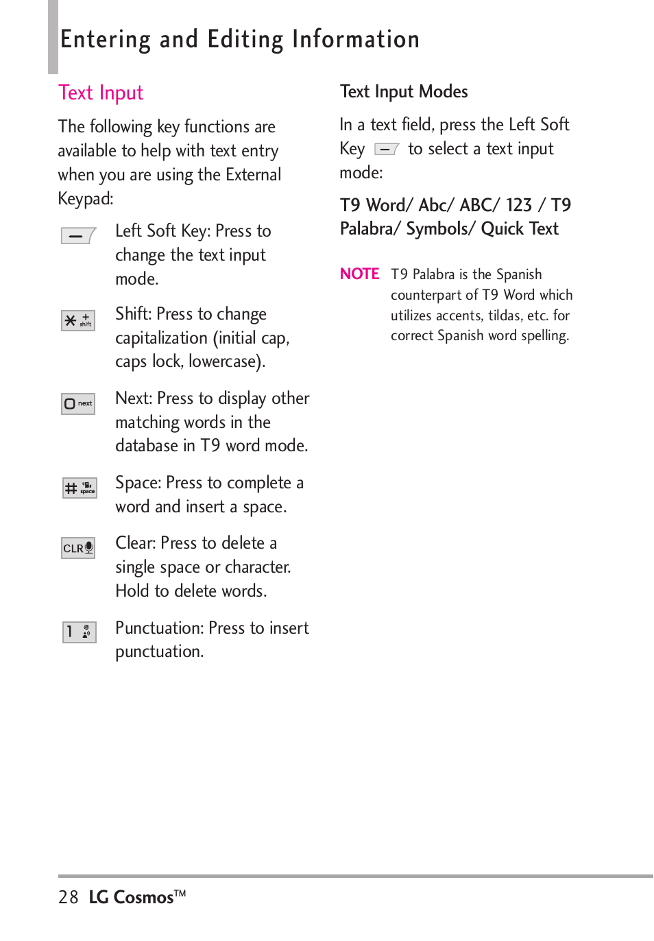 Entering and editing information, Text input | LG LGVN250PP User Manual | Page 30 / 141