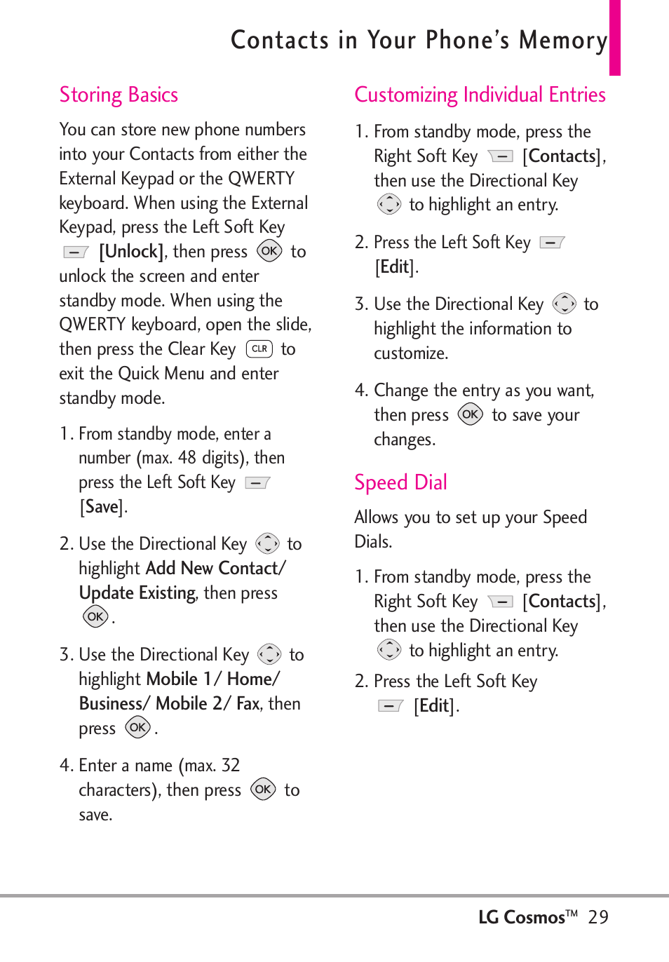 Storing basics, Customizing individual entries, Speed dial | LG LGVN250PP User Manual | Page 31 / 141