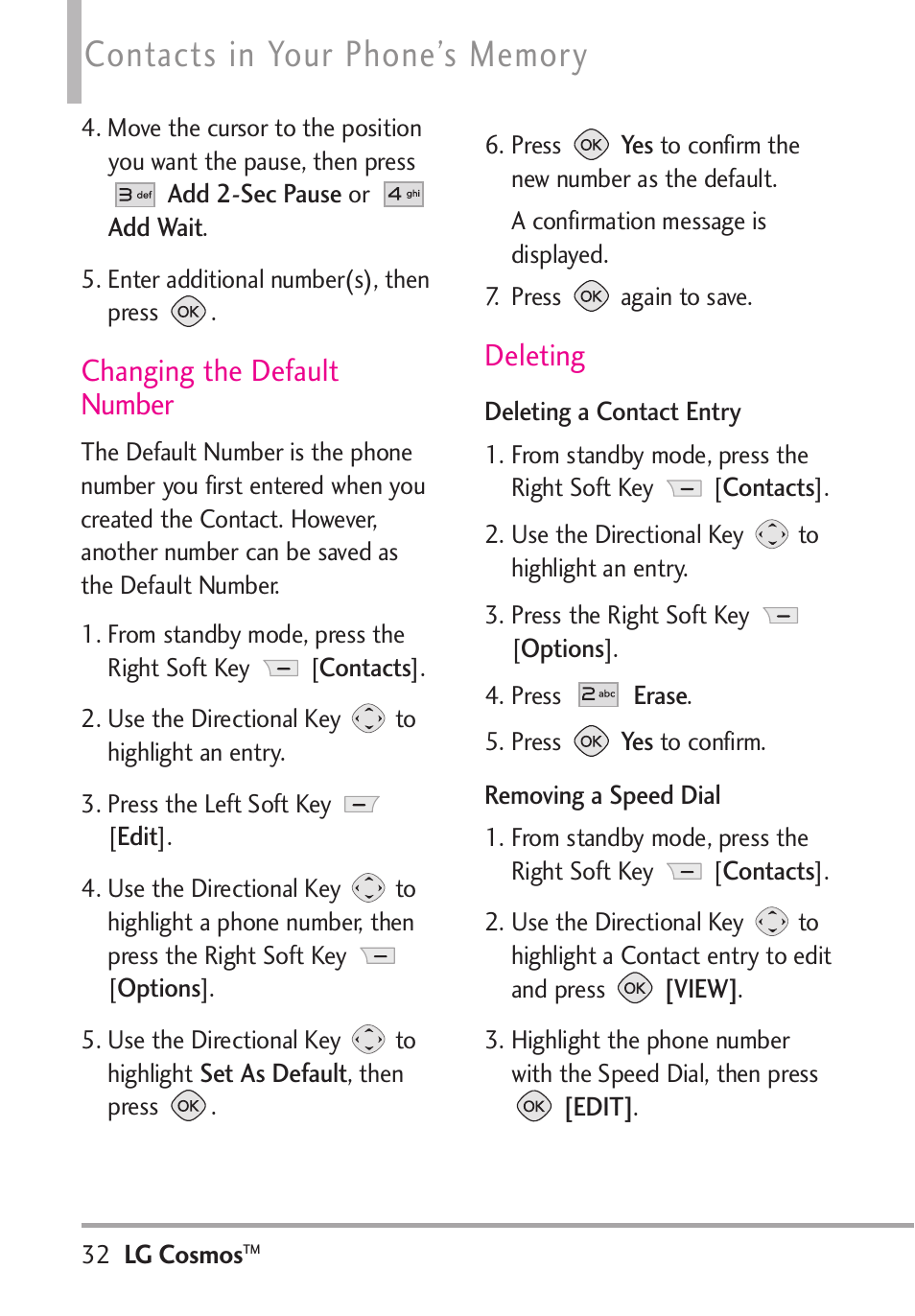Changing the default number, Deleting | LG LGVN250PP User Manual | Page 34 / 141