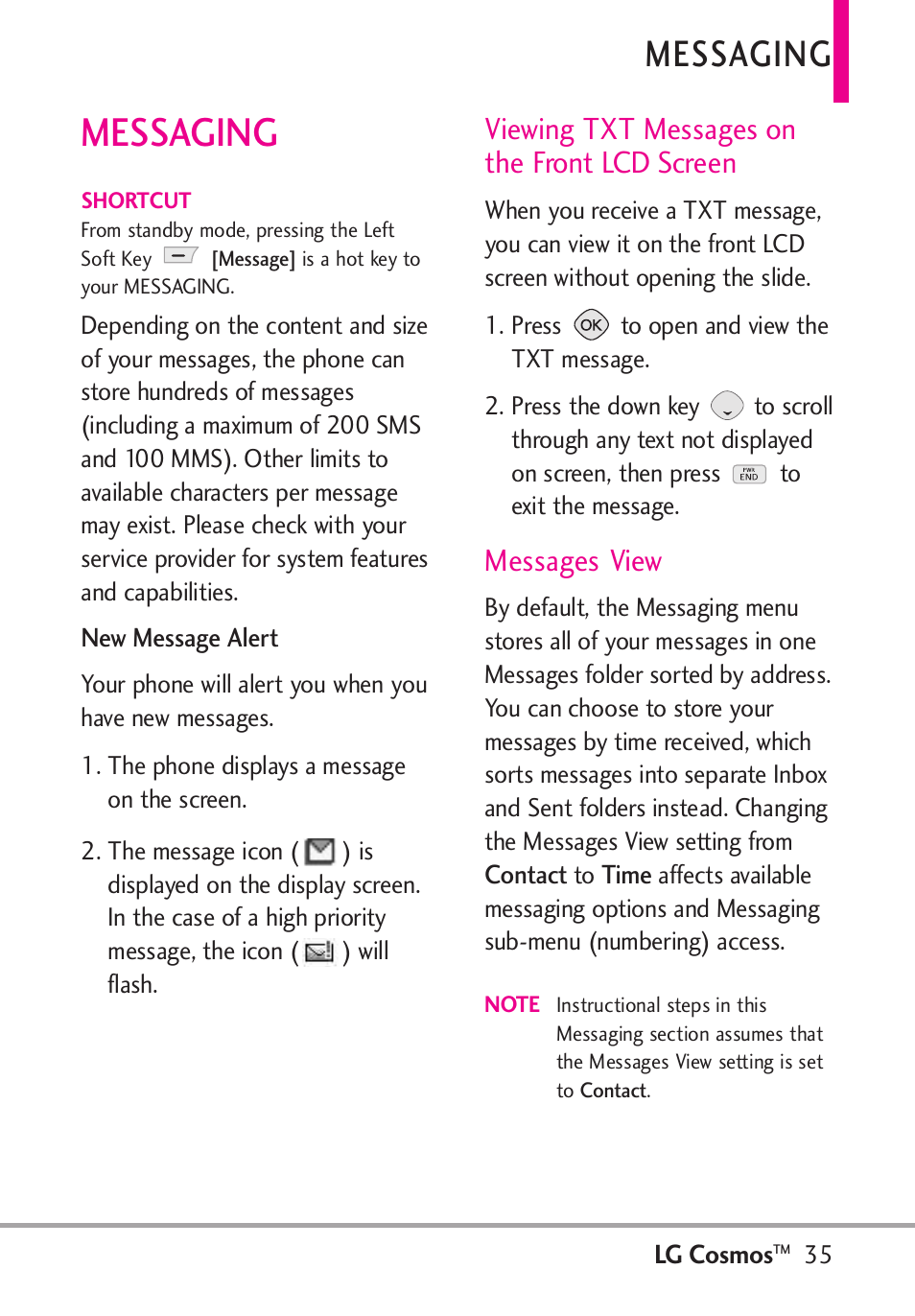 Messaging, Viewing txt messages on the front lcd screen, Messages view | LG LGVN250PP User Manual | Page 37 / 141