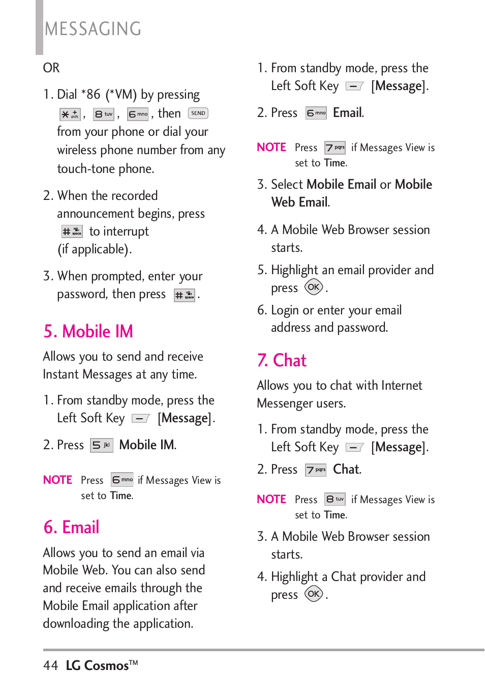 Messaging, Mobile im, Email | Chat | LG LGVN250PP User Manual | Page 46 / 141