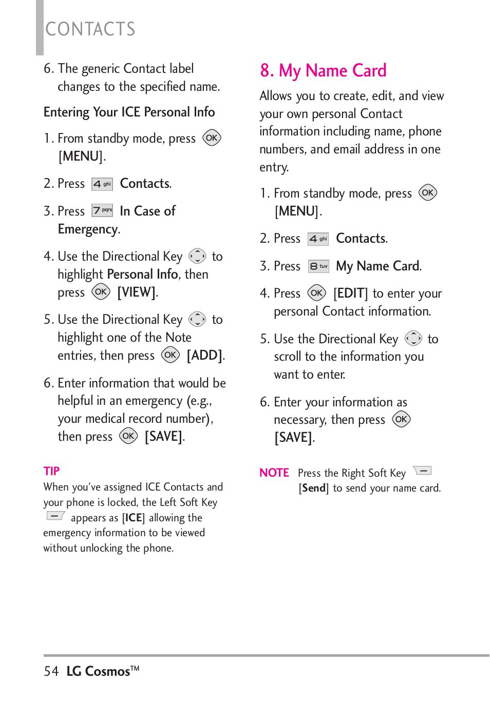 Contacts, My name card | LG LGVN250PP User Manual | Page 56 / 141