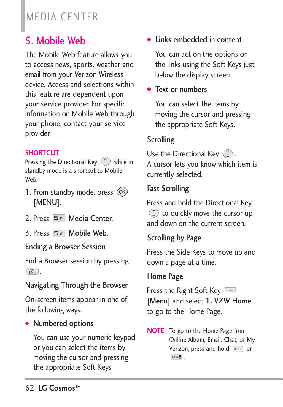 Media center, Mobile web | LG LGVN250PP User Manual | Page 64 / 141