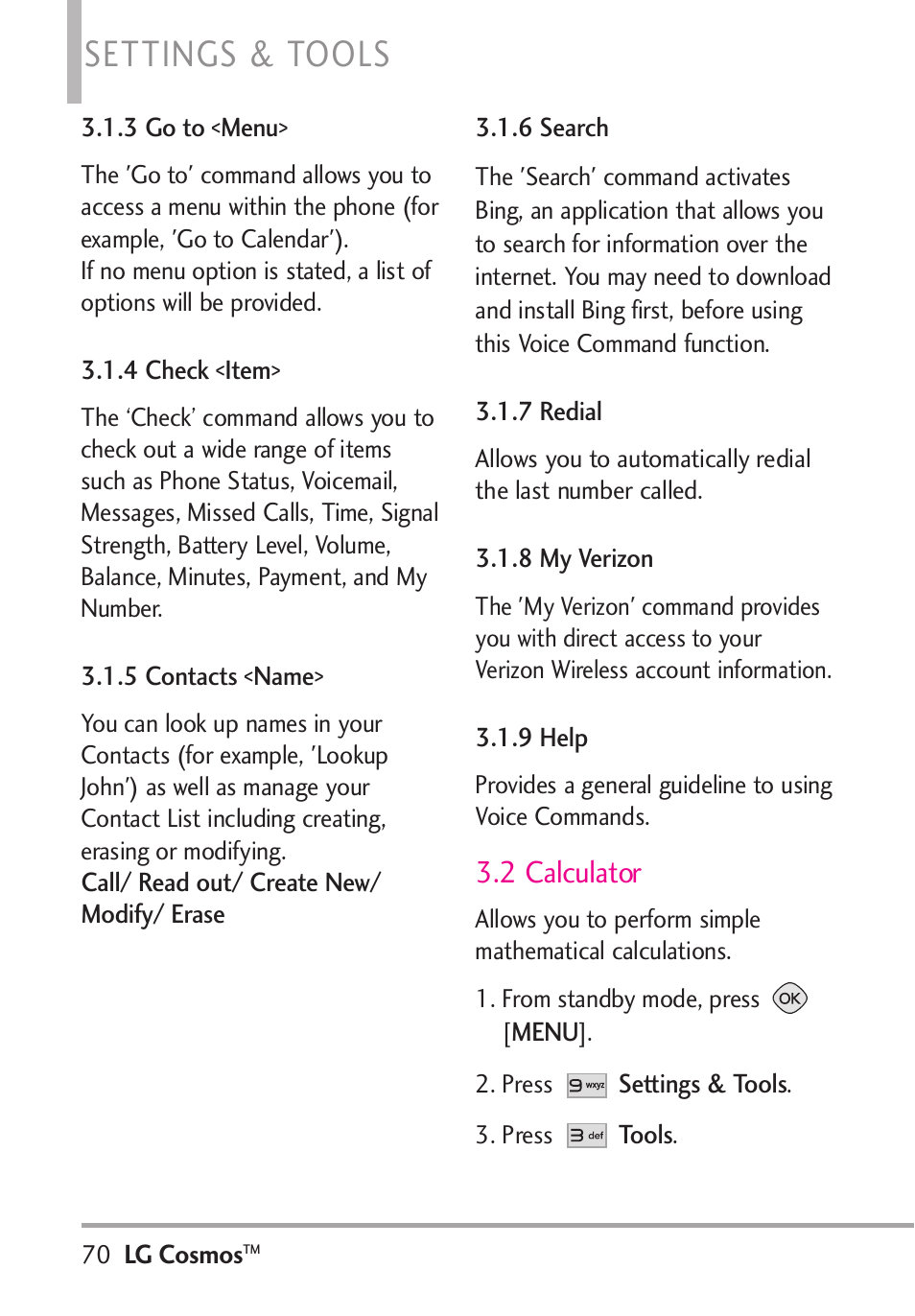 Settings & tools, 2 calculator | LG LGVN250PP User Manual | Page 72 / 141