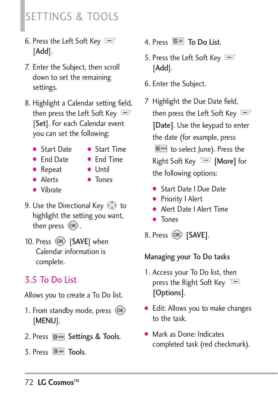 Settings & tools, 5 to do list | LG LGVN250PP User Manual | Page 74 / 141