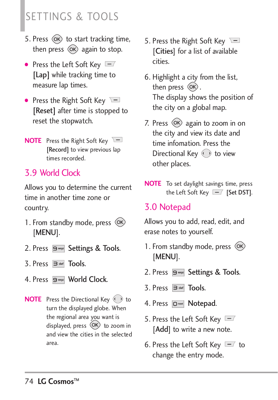 Settings & tools, 9 world clock | LG LGVN250PP User Manual | Page 76 / 141