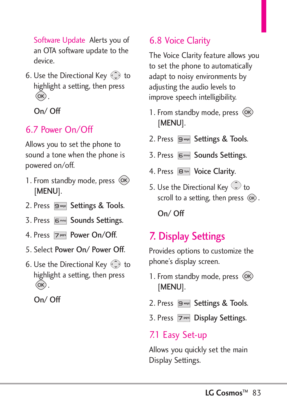 Display settings, 7 power on/off, 8 voice clarity | 1 easy set-up | LG LGVN250PP User Manual | Page 85 / 141
