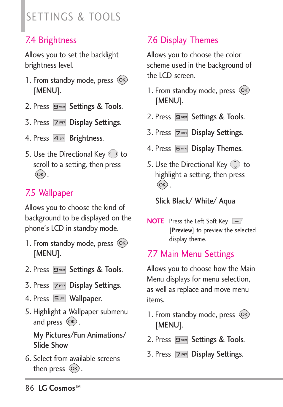 Settings & tools, 4 brightness, 5 wallpaper | 6 display themes, 7 main menu settings | LG LGVN250PP User Manual | Page 88 / 141