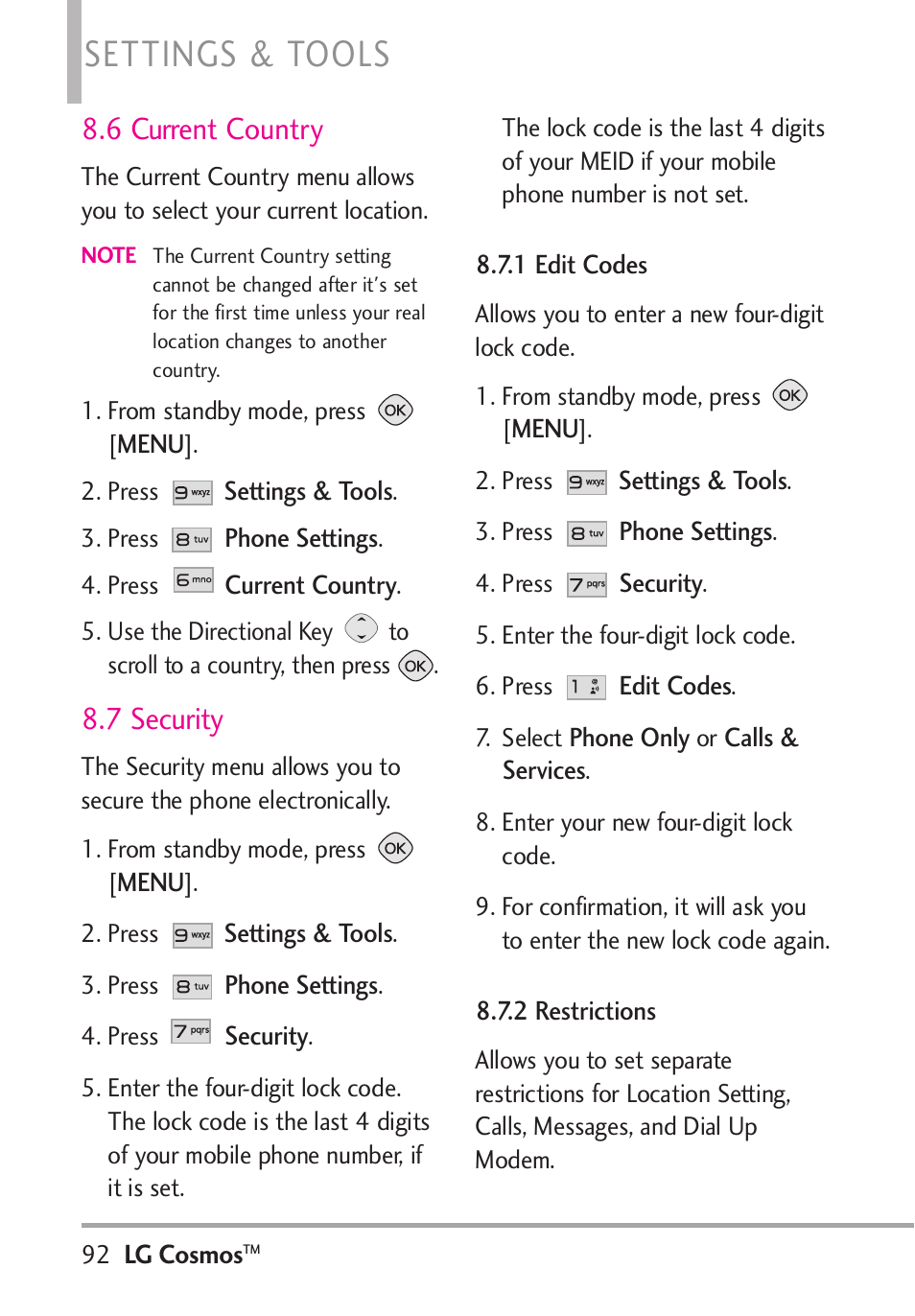 Settings & tools, 6 current country, 7 security | LG LGVN250PP User Manual | Page 94 / 141