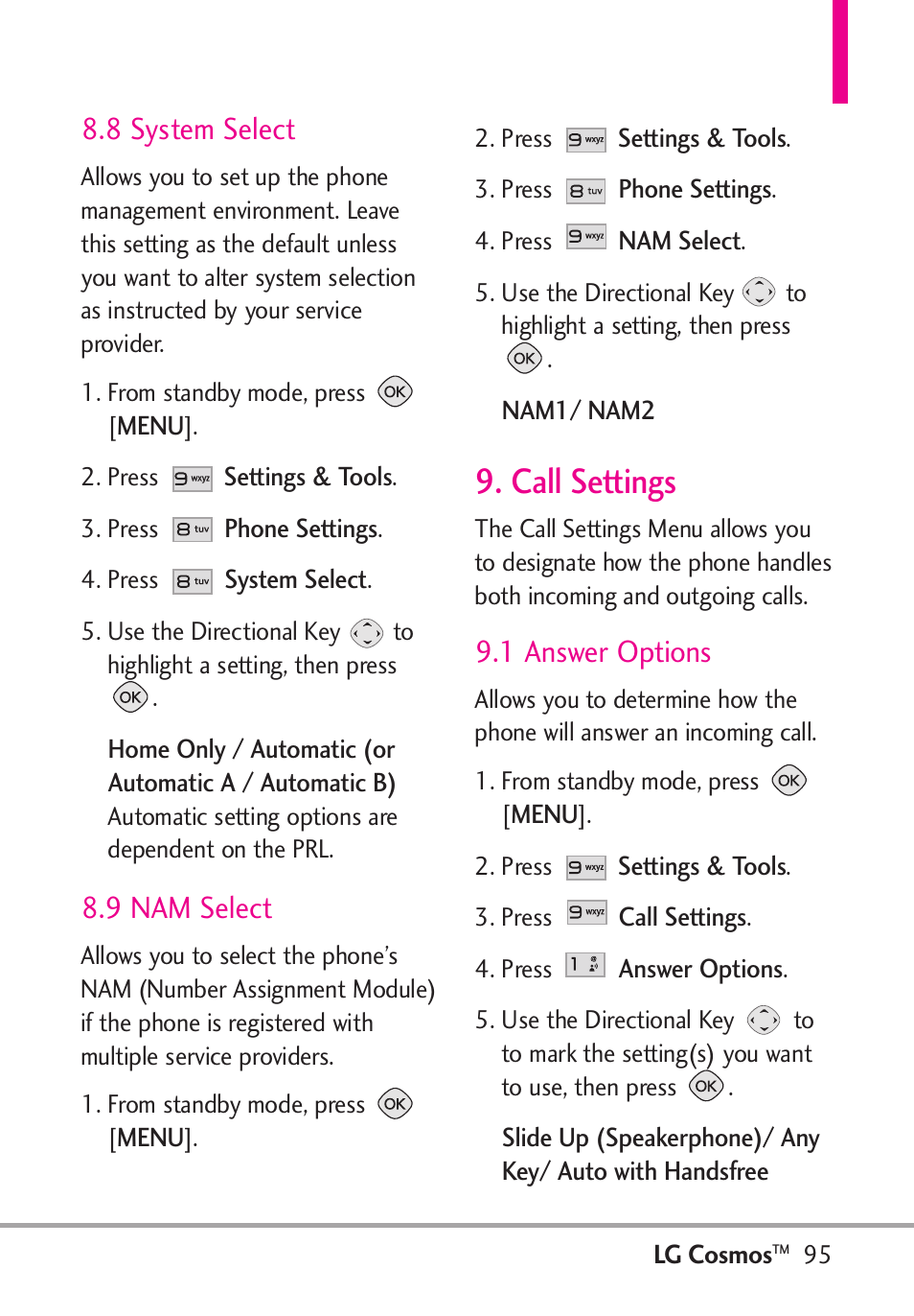 Call settings, 8 system select, 9 nam select | 1 answer options | LG LGVN250PP User Manual | Page 97 / 141