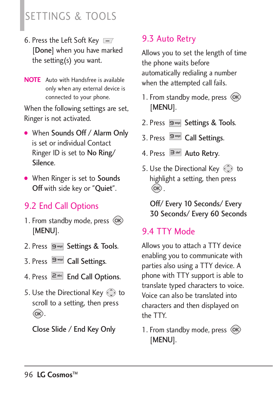 Settings & tools, 2 end call options, 3 auto retry | 4 tty mode | LG LGVN250PP User Manual | Page 98 / 141