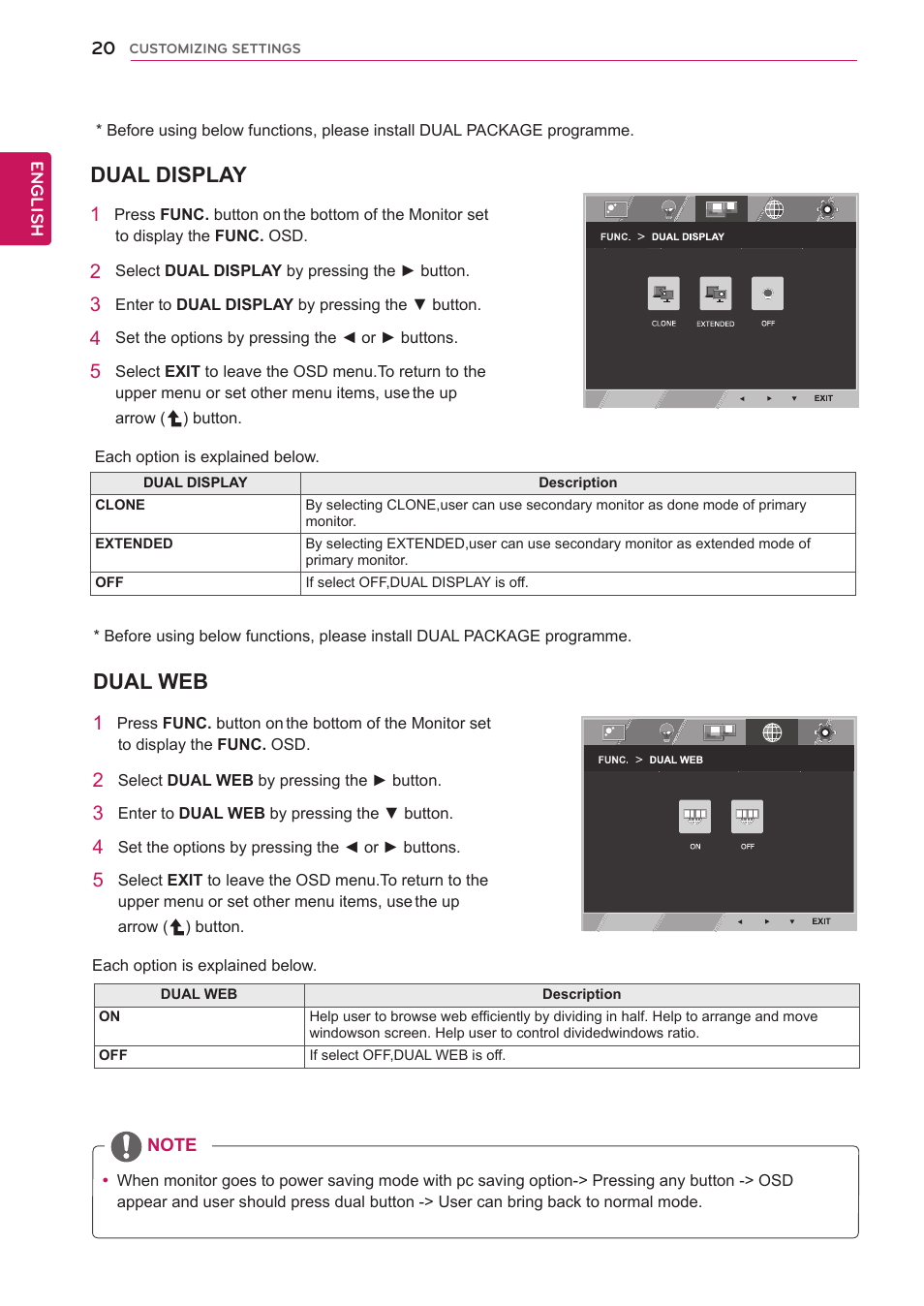 Dual display, Dual web | LG IPS224T-PN User Manual | Page 20 / 28