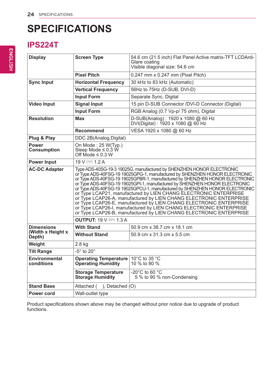 Specifications, Ips224t, 24 ips224t | LG IPS224T-PN User Manual | Page 24 / 28