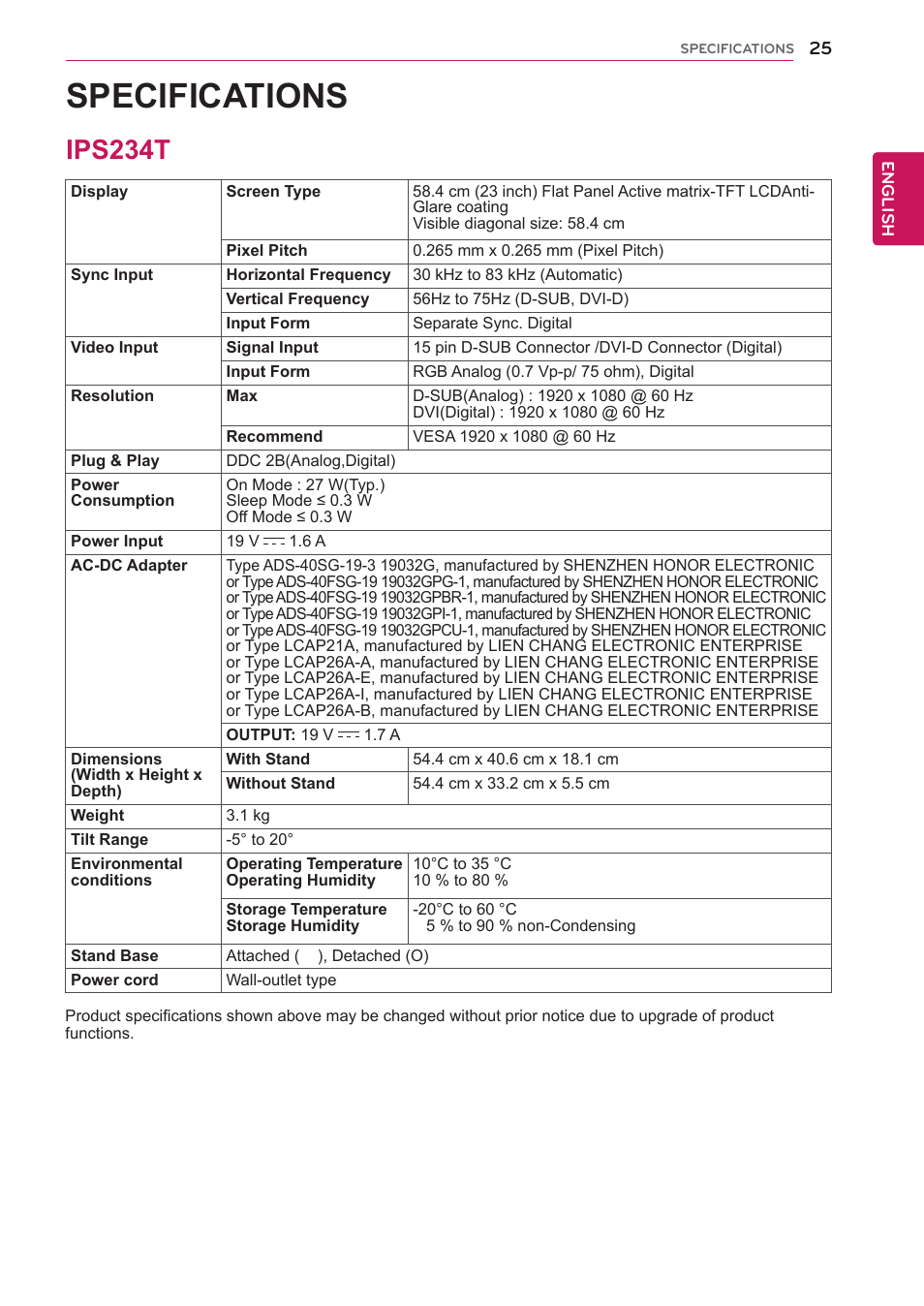 Ips234t, 25 ips234t, Specifications | LG IPS224T-PN User Manual | Page 25 / 28