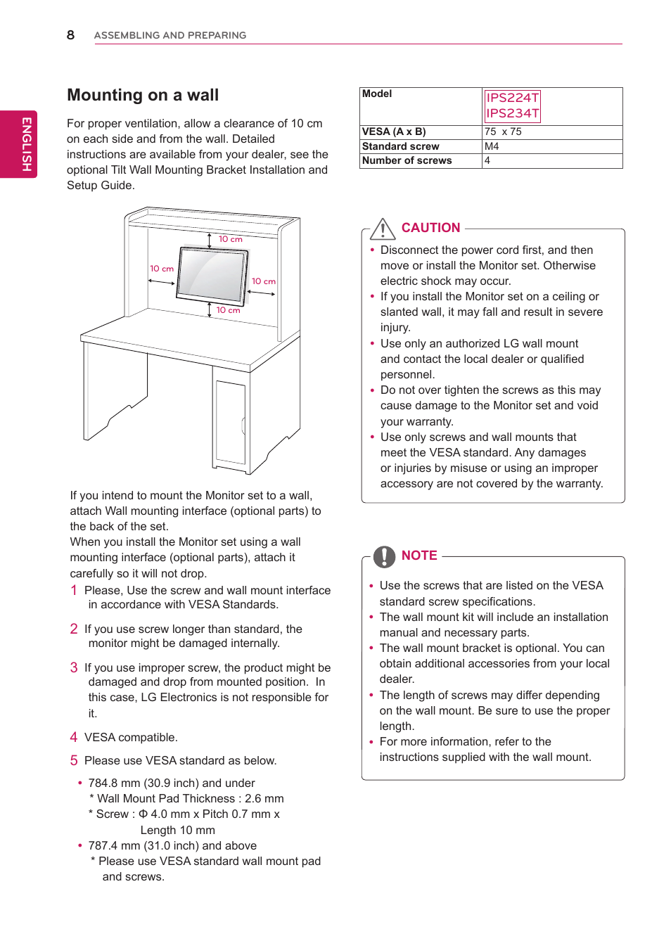 Mounting on a wall | LG IPS224T-PN User Manual | Page 8 / 28