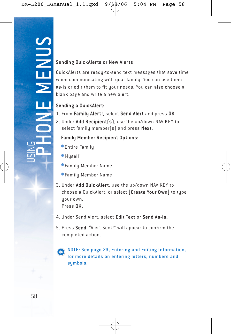 Ph o ne menu s, Usi n g | LG DML200 User Manual | Page 60 / 123