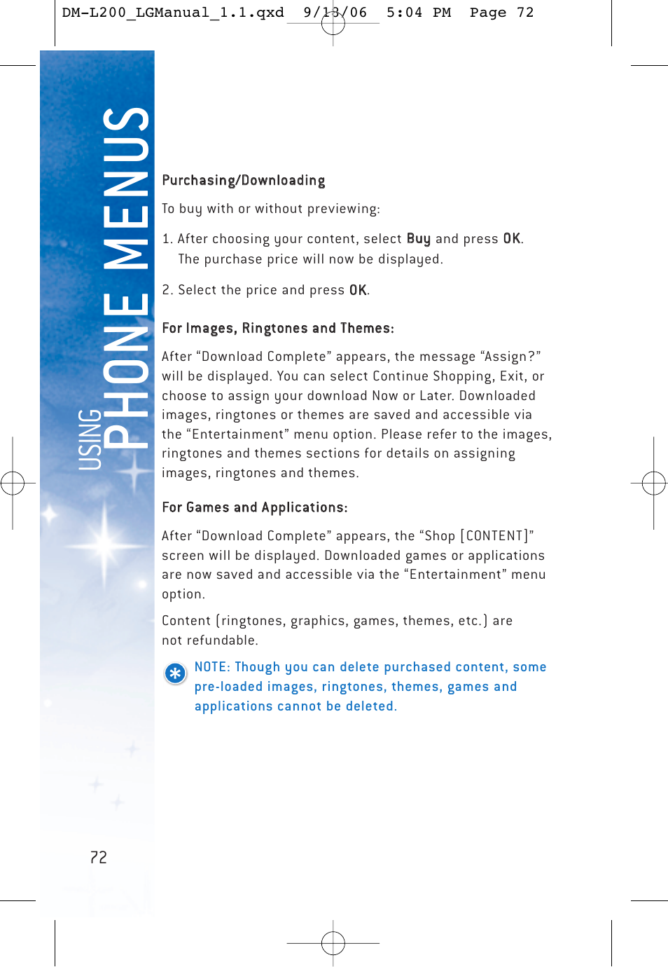 Ph o ne menu s, Usi n g | LG DML200 User Manual | Page 74 / 123