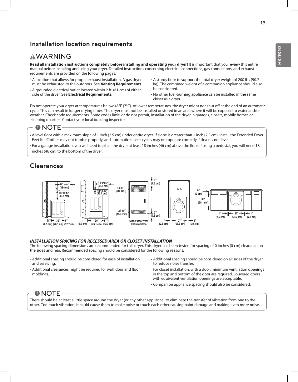 Warning, Installation location requirements, Clearances | English | LG DLEX3650V User Manual | Page 13 / 96