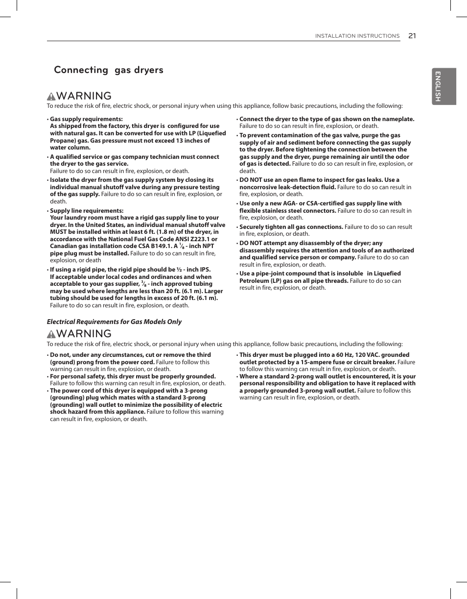 Warning, Connecting gas dryers | LG DLEX3650V User Manual | Page 21 / 96
