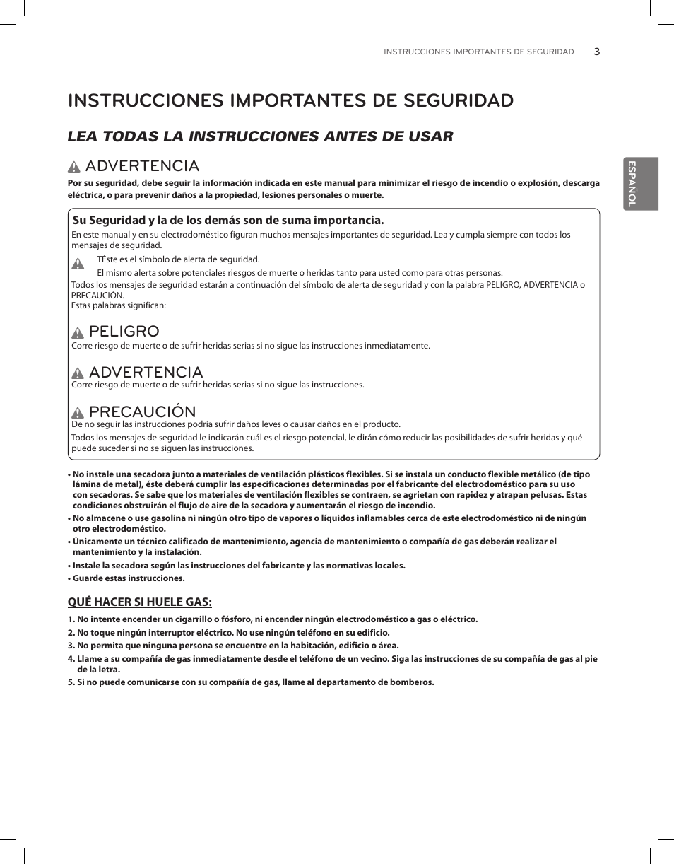 Instrucciones importantes de seguridad, Advertencia, Peligro | Precaución | LG DLEX3650V User Manual | Page 49 / 96