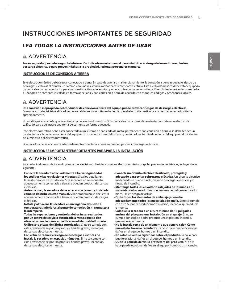 Instrucciones importantes de seguridad, Advertencia, Lea todas la instrucciones antes de usar w | LG DLEX3650V User Manual | Page 51 / 96