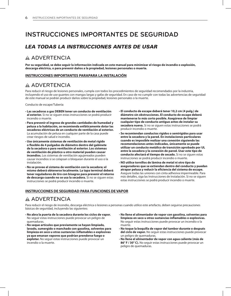 Instrucciones importantes de seguridad, Advertencia, Lea todas la instrucciones antes de usar w | LG DLEX3650V User Manual | Page 52 / 96