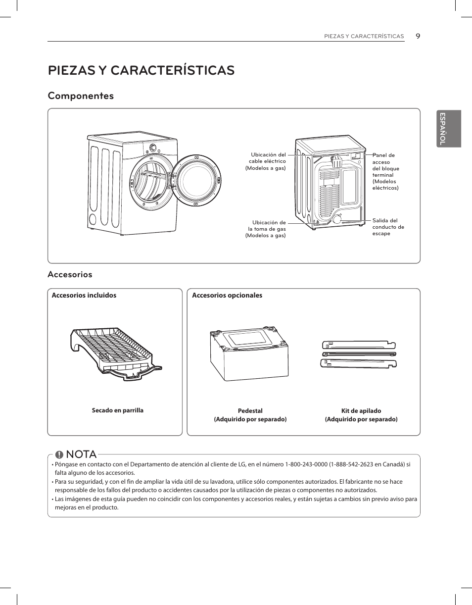 Piezas y características, Nota, Componentes | Accesorios | LG DLEX3650V User Manual | Page 55 / 96