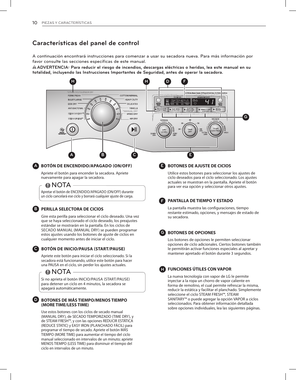 Nota, Características del panel de control | LG DLEX3650V User Manual | Page 56 / 96