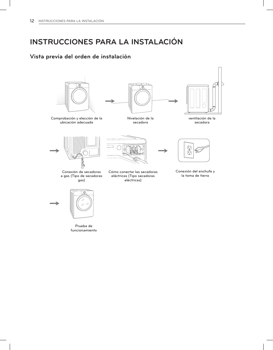 Instrucciones para la instalación, Vista previa del orden de instalación | LG DLEX3650V User Manual | Page 58 / 96