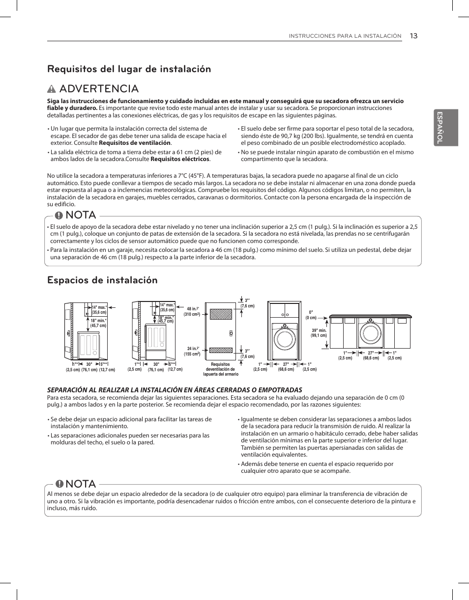 Advertencia, Nota, Requisitos del lugar de instalación | Espacios de instalación, Esp añol | LG DLEX3650V User Manual | Page 59 / 96