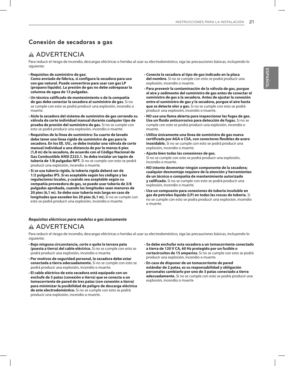 Advertencia, Conexión de secadoras a gas | LG DLEX3650V User Manual | Page 67 / 96