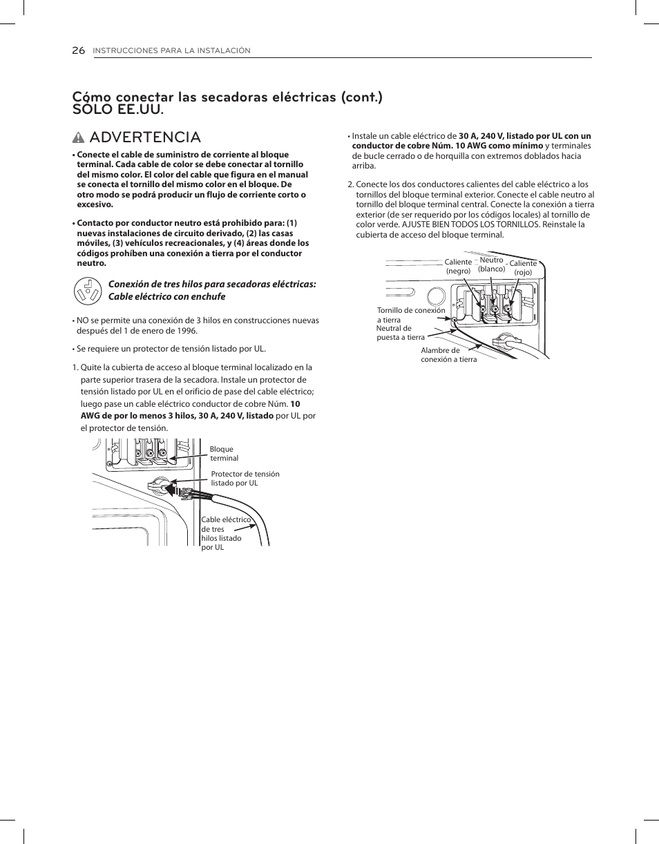 Advertencia | LG DLEX3650V User Manual | Page 72 / 96