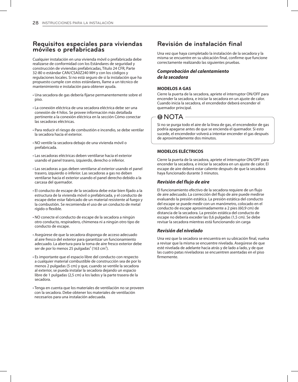 Nota, Revisión de instalación final | LG DLEX3650V User Manual | Page 74 / 96