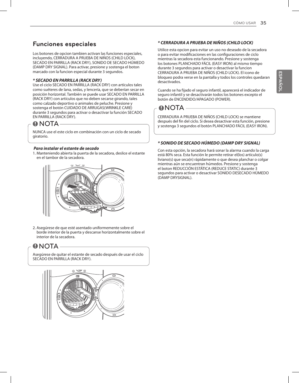 Nota, Funciones especiales | LG DLEX3650V User Manual | Page 81 / 96