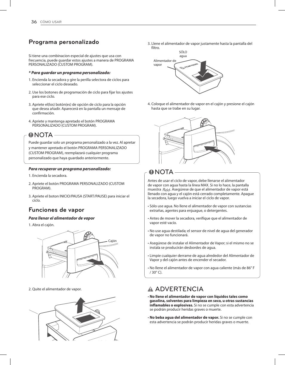 Advertencia, Nota, Funciones de vapor | Programa personalizado | LG DLEX3650V User Manual | Page 82 / 96