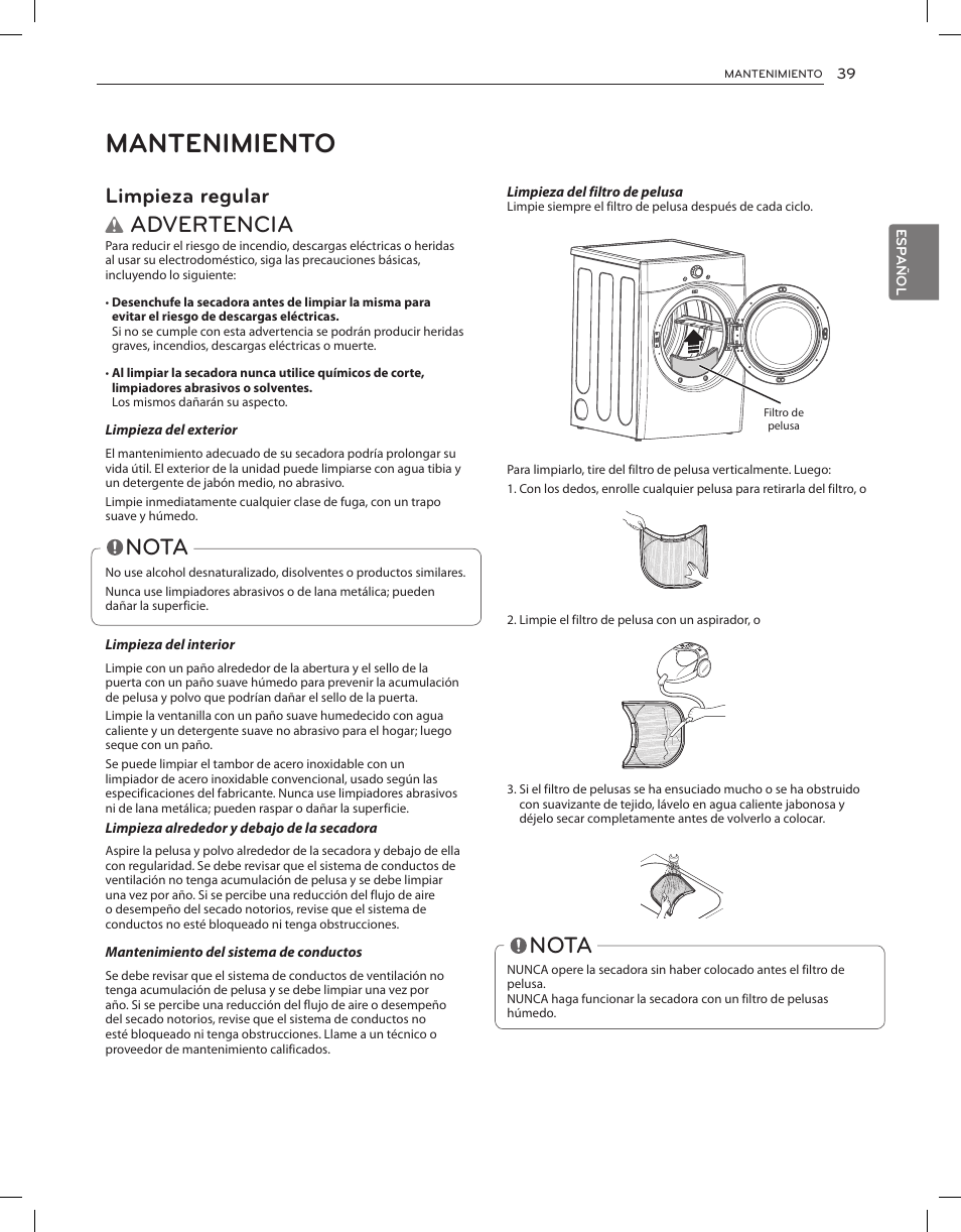 Mantenimiento, Advertencia, Nota | Limpieza regular | LG DLEX3650V User Manual | Page 85 / 96